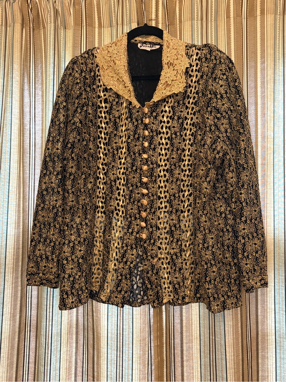 Black and Gold Lace-Trim Button-Front Women's Blouse